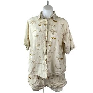 By Frankie Beige Island Graphic Print Button Up Shirt Shorts 2 Pc Set Size L